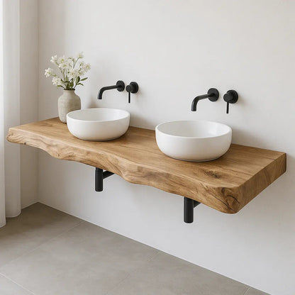 Double Sink Live Edge Vanity Shelf | Solid Wood Floating Bathroom Counter Kitchnce