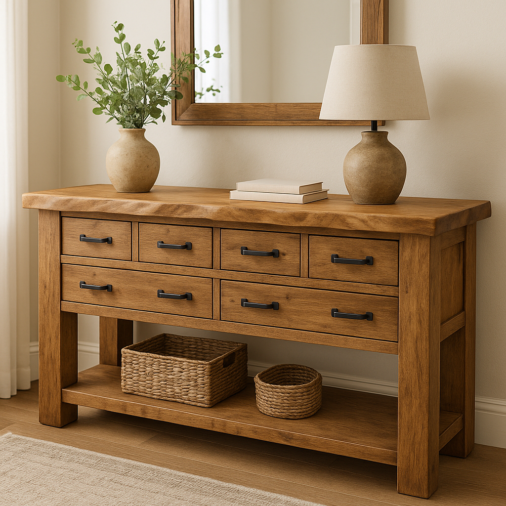 Handcrafted Solid Wood Console Table – Rustic Farmhouse Design with 6 Drawers & Open Shelf Kitchnce