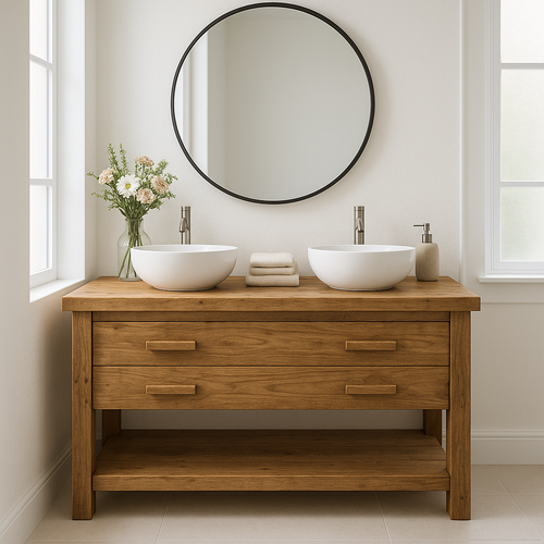 Handcrafted Solid Wood Double Bathroom Vanity – Scandinavian Rustic Base with 2 Drawers and Open Shelf Kitchnce