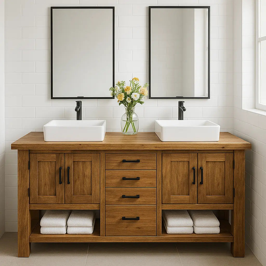 Handcrafted Solid Wood Double Bathroom Vanity – Rustic Base with Central Drawers and Side Cabinets Kitchnce
