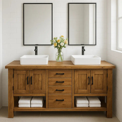 Handcrafted Solid Wood Double Bathroom Vanity – Rustic Base with Central Drawers and Side Cabinets Kitchnce