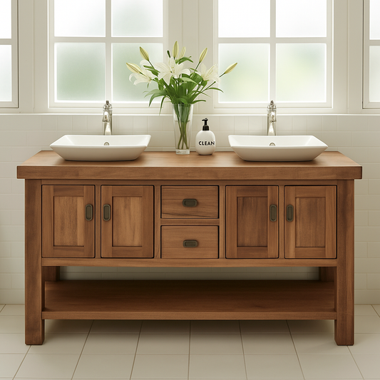 Handcrafted Solid Wood Double Bathroom Vanity – Rustic Base with Center Drawers and Open Shelf Kitchnce