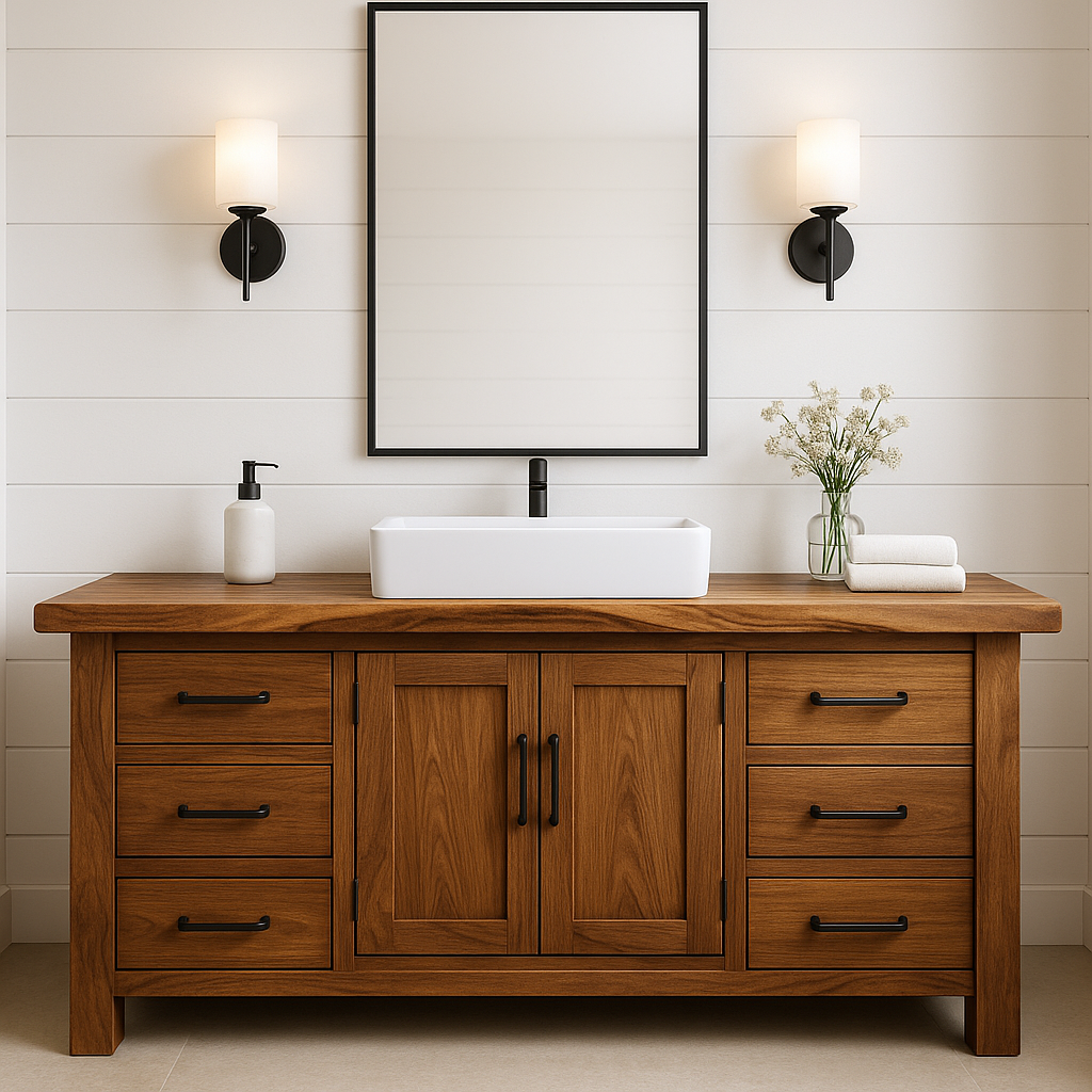 Handcrafted Solid Wood Bathroom Vanity – Rustic Base with Six Drawers and Center Cabinet Kitchnce