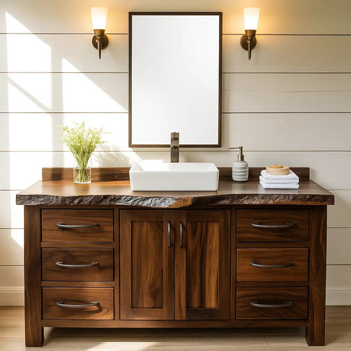 Handcrafted Solid Wood Bathroom Vanity – Live Edge Rustic Base with 6 Drawers and Double Door Cabinet Kitchnce
