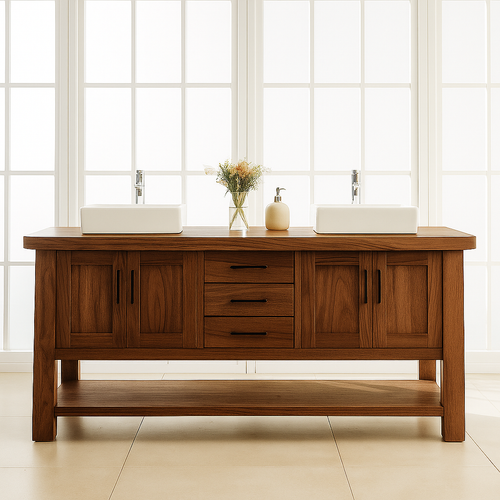 Handcrafted Solid Wood Double Bathroom Vanity – Modern Rustic Base with Center Drawers and Open Shelf Kitchnce
