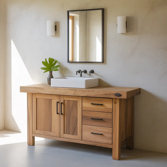 Handcrafted Solid Wood Bathroom Vanity – Rustic Modern Base with 3 Drawers and Cabinet Doors Kitchnce