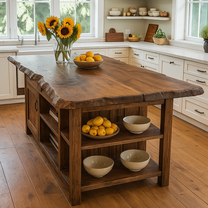 Live Edge Solid Wood Kitchen Island with Storage Shelves – Rustic Farmhouse