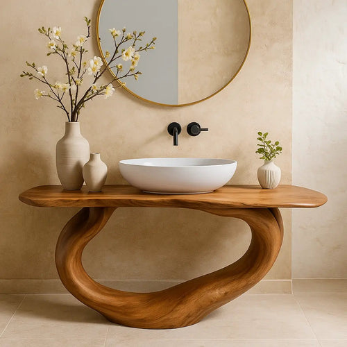 Handcrafted Solid Wood Bathroom Vanity – Organic Sculptural Flow Base in Natural Finish Kitchnce