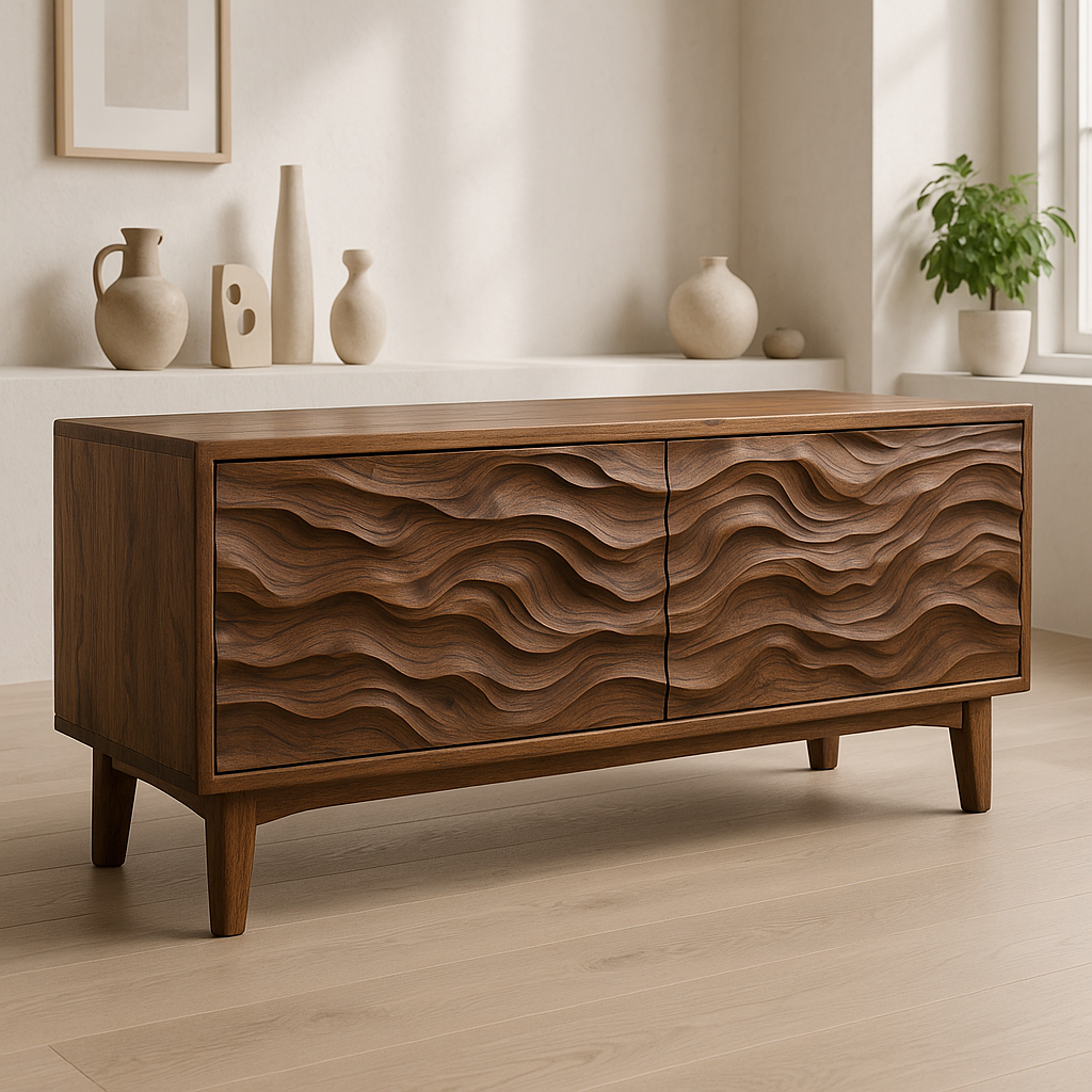 Handcrafted Solid Wood TV Stand – Sculptural Wave Front Credenza for Modern Organic Interiors Kitchnce