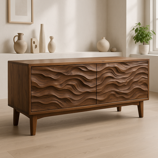 Handcrafted Solid Wood TV Stand – Sculptural Wave Front Credenza for Modern Organic Interiors Kitchnce
