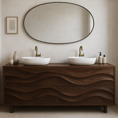 Handcrafted Solid Wood Bathroom Vanity – Organic Wave Front Double Sink Cabinet with Modern Brass Fixtures Kitchnce