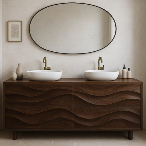 Handcrafted Solid Wood Bathroom Vanity – Organic Wave Front Double Sink Cabinet with Modern Brass Fixtures Kitchnce