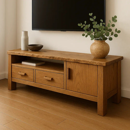 Handcrafted Solid Wood TV Stand – Rustic Hickory Media Console with Drawers and Cabinet Door Kitchnce