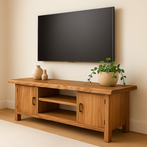Handcrafted Solid Wood TV Stand – Natural Maple Media Console with Live Edge Top and Cabinets Kitchnce