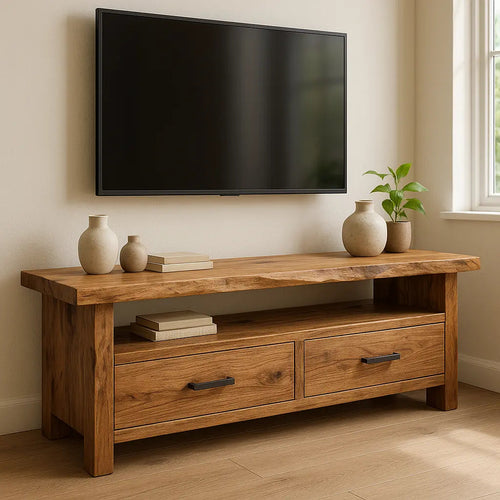 Handcrafted Solid Wood TV Stand – Rustic Hickory Media Console with Drawers and Live Edge Top Kitchnce