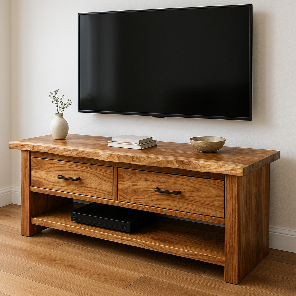Handcrafted Solid Wood TV Stand – Natural Hickory Media Console with Drawers and Open Shelf Kitchnce