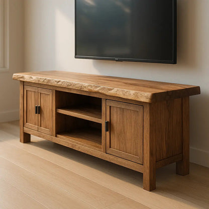 Handcrafted Solid Wood TV Stand – Rustic Hickory Media Console with Live Edge Top and Cabinets Kitchnce
