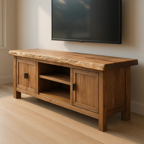 Handcrafted Solid Wood TV Stand – Rustic Hickory Media Console with Live Edge Top and Cabinets Kitchnce