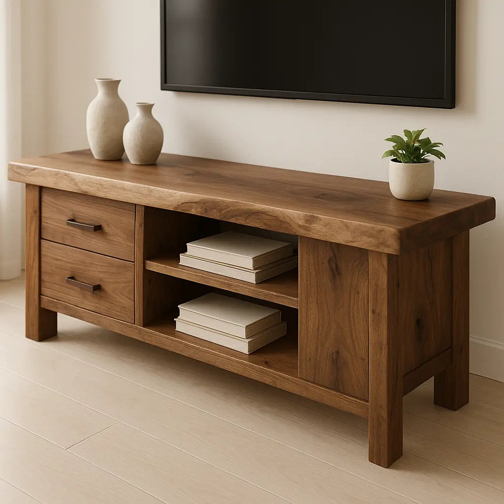 Handcrafted Solid Wood TV Stand – Rustic Walnut Media Console with Drawers and Open Shelves Kitchnce