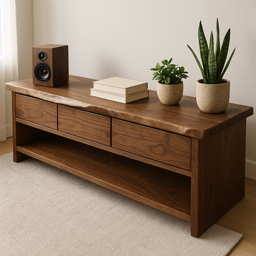 Handcrafted Solid Wood TV Stand – Minimalist Walnut Media Console with Drawers and Open Shelf Kitchnce