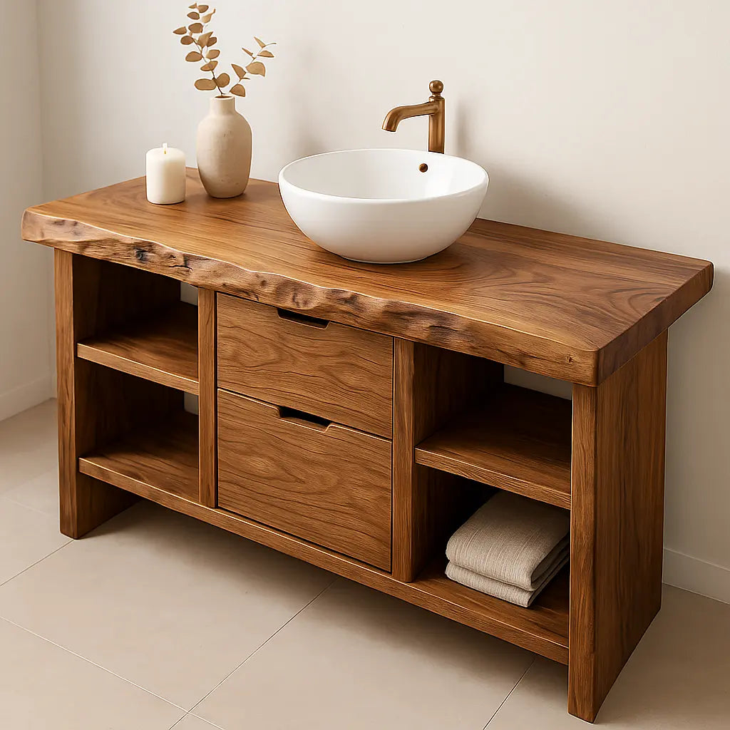 Handcrafted Solid Wood Bathroom Vanity with Live Edge Top and Open Shelves Kitchnce