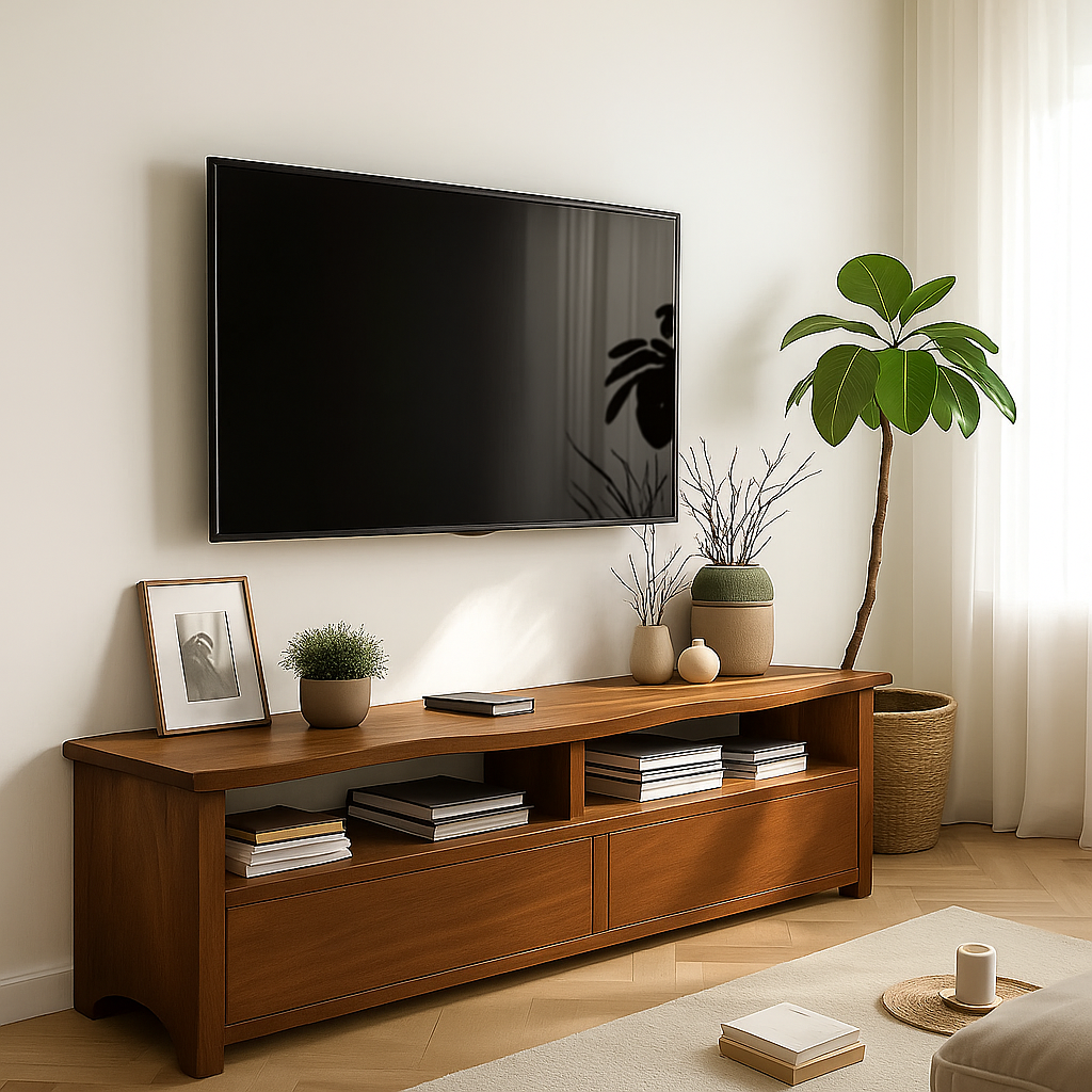 Solid Wood TV Stand with Curved Edge – Handcrafted Media Console with Drawers and Open Shelves for Modern Natural Living Spaces Kitchnce