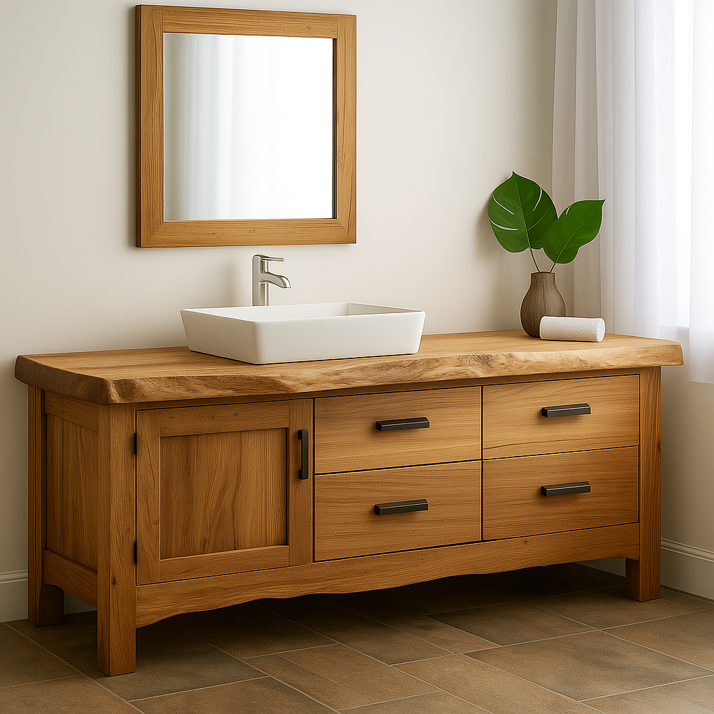 Handcrafted Solid Wood Bathroom Vanity – Natural Live Edge Base with 4 Drawers and Door Cabinet Kitchnce