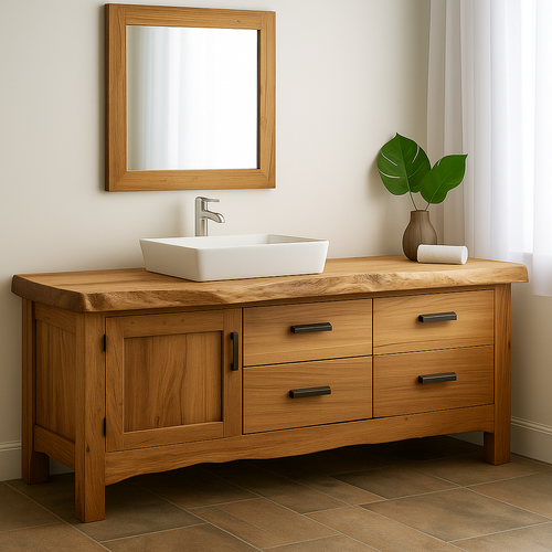 Handcrafted Solid Wood Bathroom Vanity – Natural Live Edge Base with 4 Drawers and Door Cabinet Kitchnce