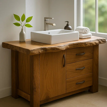 Handcrafted Solid Wood Bathroom Vanity – Live Edge Rustic Base with 3 Drawers and Cabinet Kitchnce