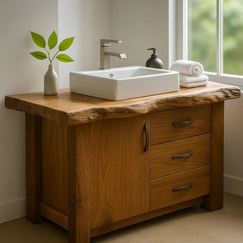 Handcrafted Solid Wood Bathroom Vanity – Live Edge Rustic Base with 3 Drawers and Cabinet Kitchnce