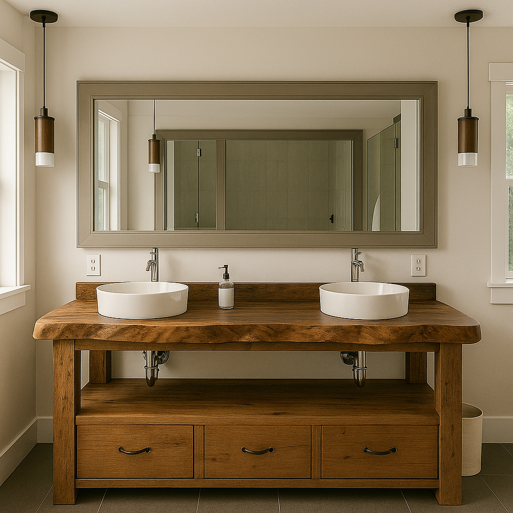 Handcrafted Solid Wood Double Vanity – Live Edge Bathroom Base with Drawers and Open Shelf Kitchnce