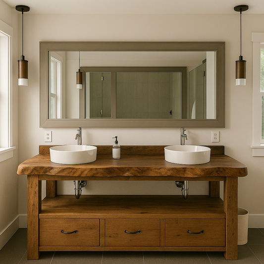 Handcrafted Solid Wood Double Vanity – Live Edge Bathroom Base with Drawers and Open Shelf Kitchnce
