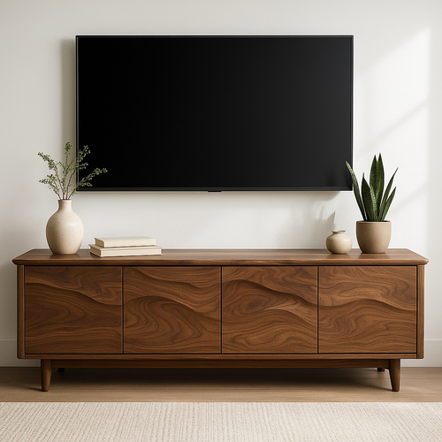 Handcrafted Solid Wood TV Stand – Modern Organic Media Console with Flow Pattern Kitchnce