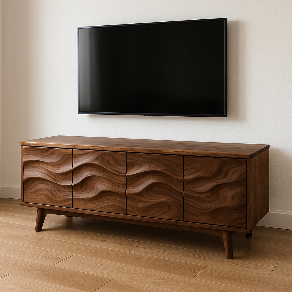 Handcrafted Solid Wood Wavefront TV Stand – Modern Sculptural Media Console Kitchnce