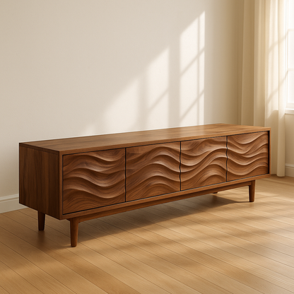 Handcrafted Solid Wood Wavefront TV Stand – Modern Sculptural Media Console Kitchnce