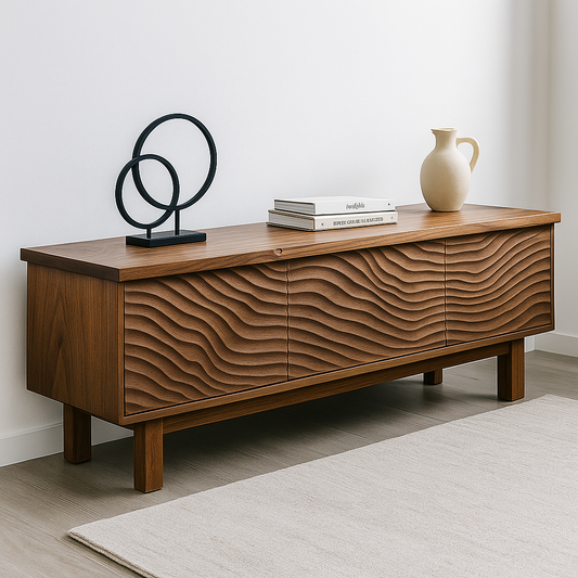 Handcrafted Solid Wood TV Stand – Sculptural Wavefront Media Console for Modern Living Room Kitchnce