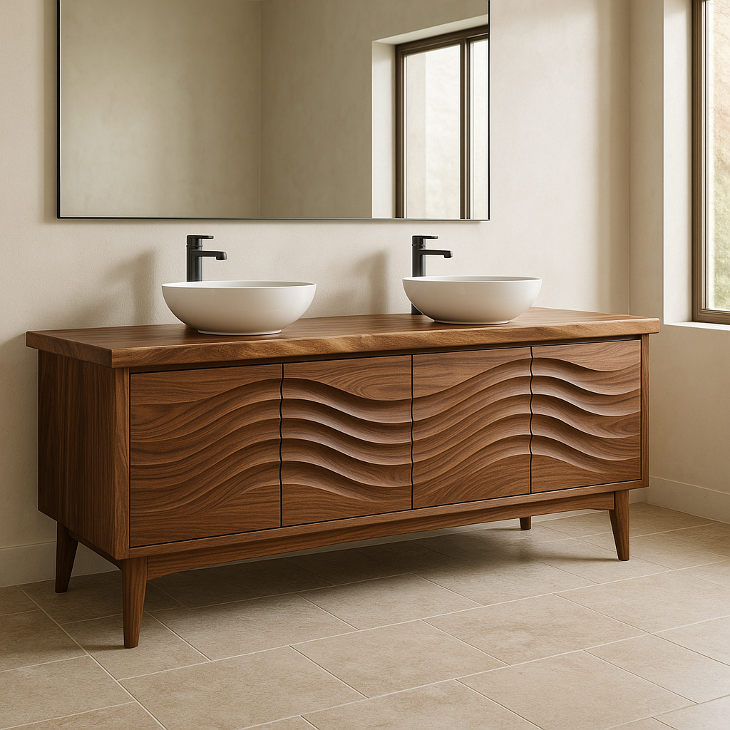 Handcrafted Solid Wood Double Sink Vanity – Modern Organic Wavefront Design Kitchnce