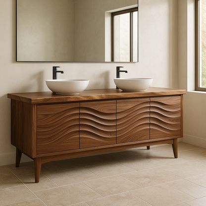Handcrafted Solid Wood Double Sink Vanity – Modern Organic Wavefront Design Kitchnce