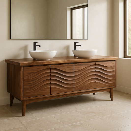 Handcrafted Solid Wood Double Sink Vanity – Modern Organic Wavefront Design Kitchnce