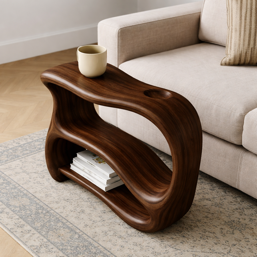 Solid Wood Sofa Armrest Table with Cup Holder and Storage Shelf for Couch Side