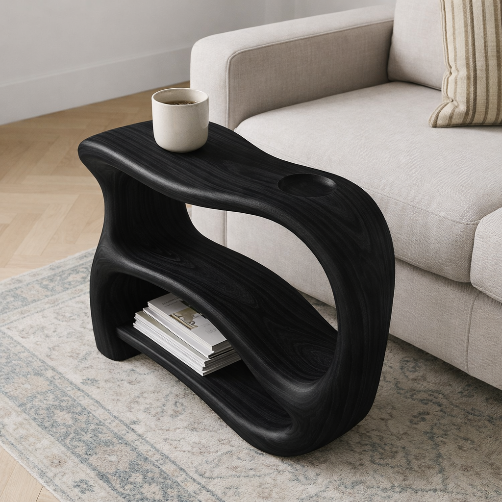 Solid Wood Sofa Armrest Table with Cup Holder and Storage Shelf for Couch Side