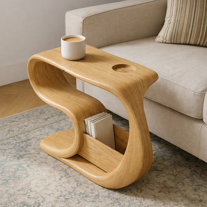 Solid Wood Sofa Armrest Table with Cup Holder and Magazine Storage Side Table
