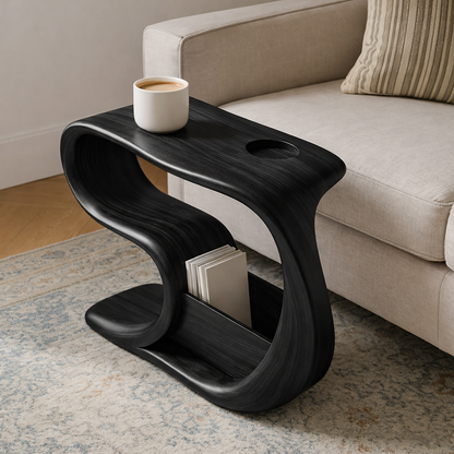 Solid Wood Sofa Armrest Table with Cup Holder and Magazine Storage Side Table