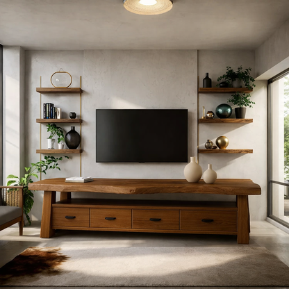 Solid Wood TV Stand with Drawers and Live Edge Top Rustic Entertainment Center