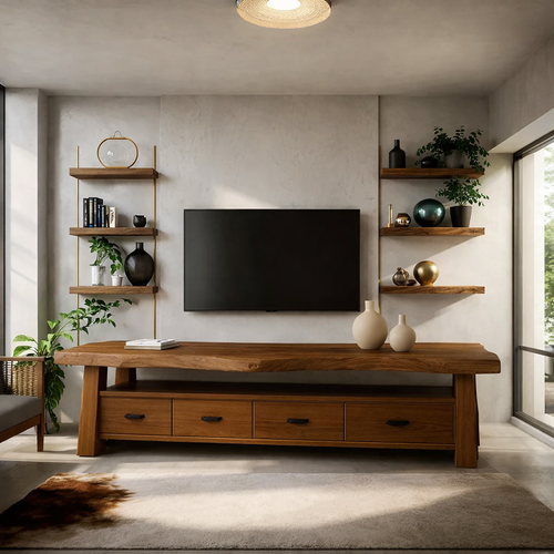 Solid Wood TV Stand with Drawers and Live Edge Top Rustic Entertainment Center