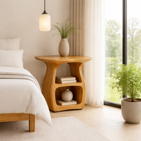 Contemporary Oak Nightstand with Unique Curved Shelves - Minimalist Design Kitchnce