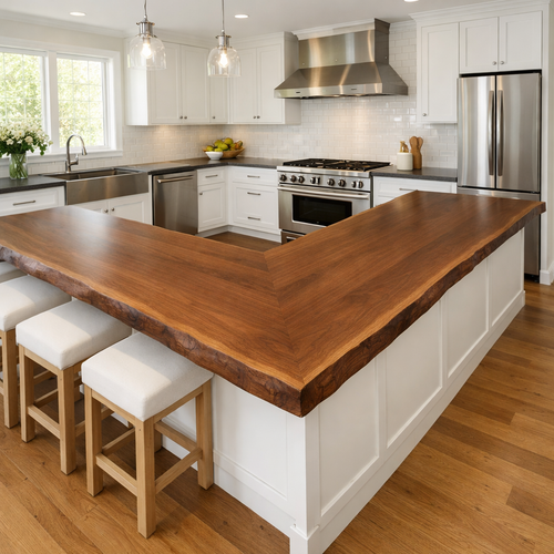 Solid Wood Live Edge Kitchen Countertop – L-Shaped Island Bar Top Kitchnce