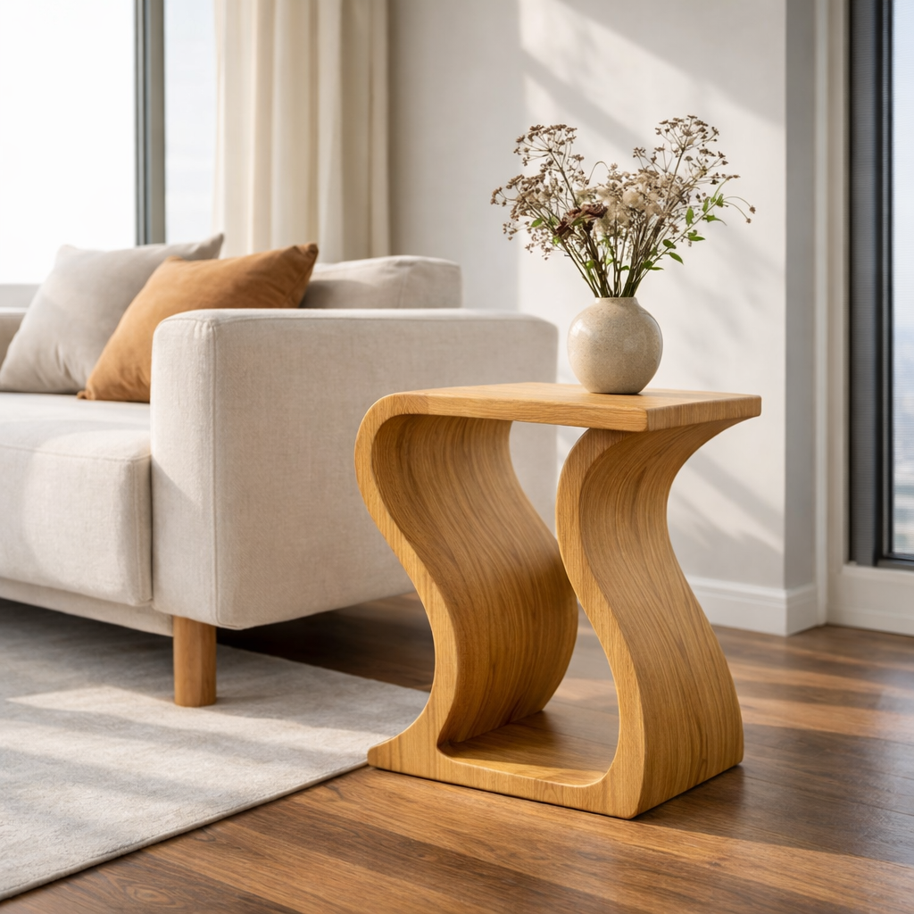 Modern Solid Wood End Table – Sculptural Curved Wooden Side Table for Living Room Kitchnce