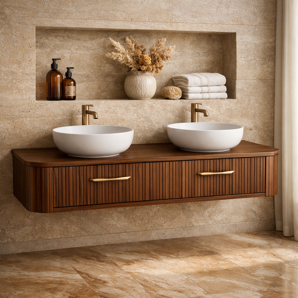 Modern Floating Bathroom Vanity with Storage – Handcrafted Wooden Design with Fluted Drawers Kitchnce