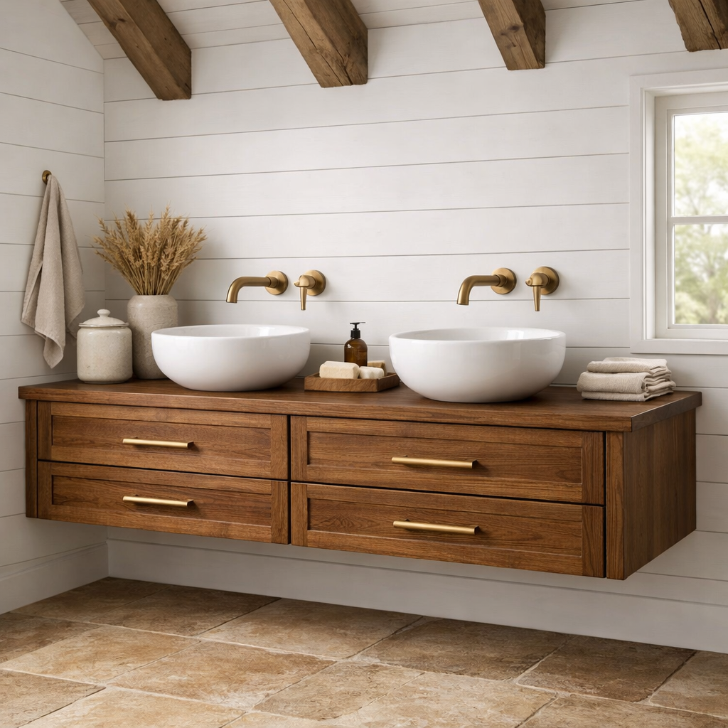 Handcrafted Solid Wood Floating Bathroom Vanity with Storage – Modern Wooden Design Kitchnce